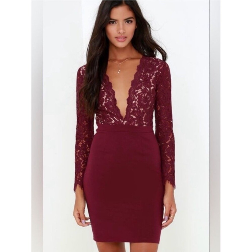 Lulu’s Swoon-er or Later Burgundy Long Sleeve Lace Deep V Neck Dress Sz L